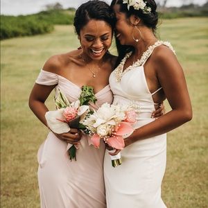 Birdy Grey blush pink off the shoulder bridesmaid dress